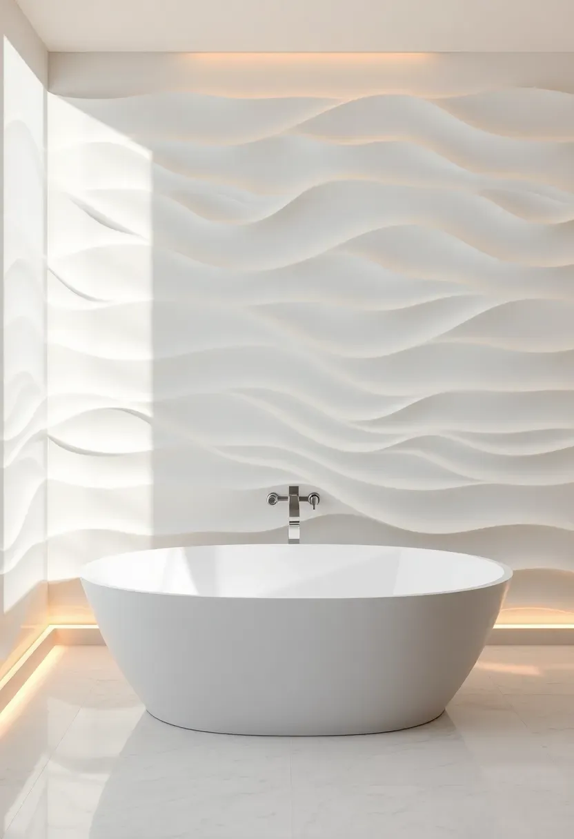 Spa bathroom with a kinetic wave relief accent wall featuring undulating 3D wave forms in matte white plaster catching soft side lighting