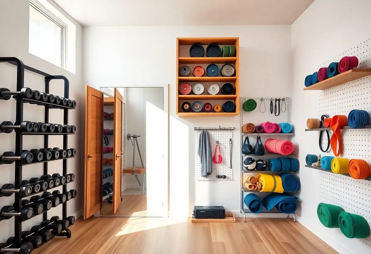 Home gym storage ideas for renters: wall-mounted dumbbell rack, rolling cart, and pegboard organization in a bright workout space
