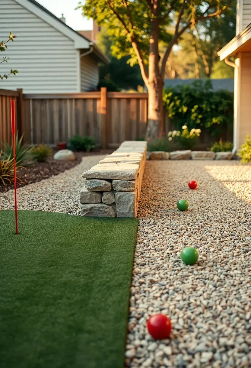 Split backyard with a putting green on one side and a bocce ball court on the other separated by a low stone border