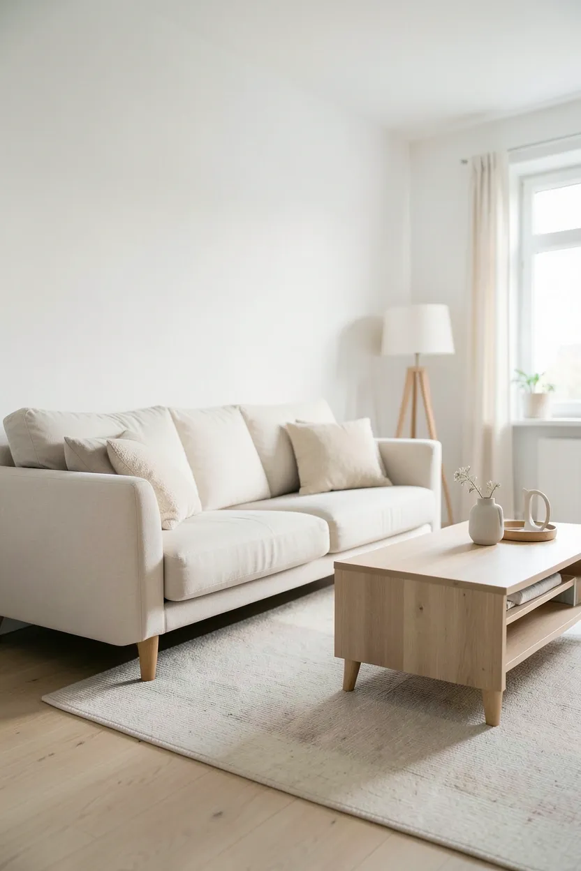 Scandinavian apartment living room with consistent cream and light gray neutral color palette