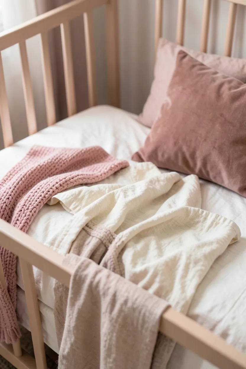 Layered blush pink and cream linen bedding in boho crib with chunky knit throw and cotton accent pillows
