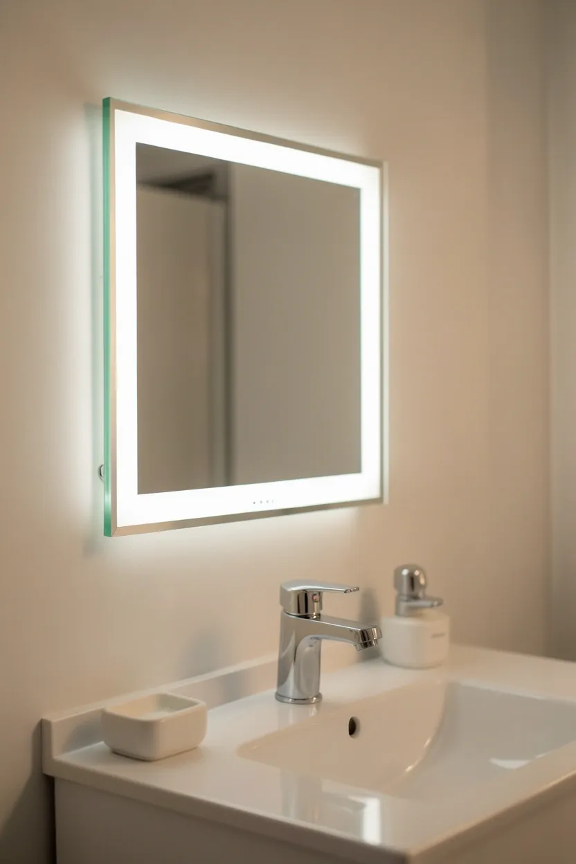 Frameless LED backlit bathroom mirror with soft glowing light above a rental apartment vanity, adding modern task lighting
