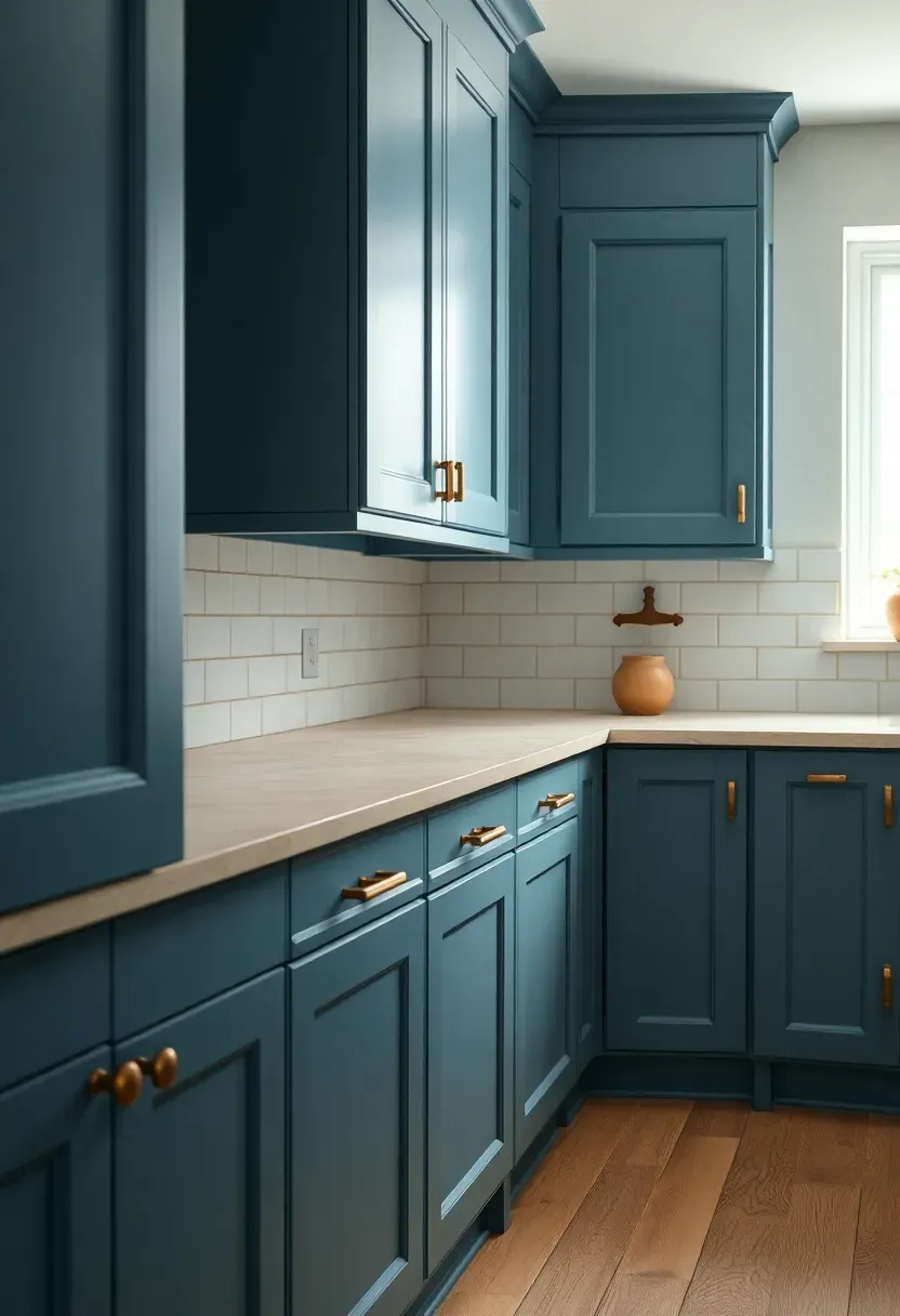 dusty blue kitchen cabinets with matte finish and brass hardware