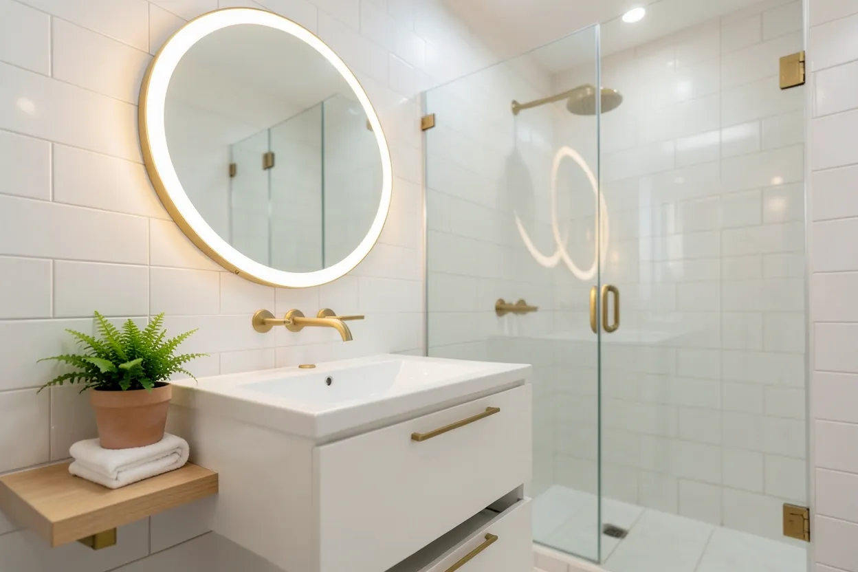 Bright modern bathroom with white tiles, matte black fixtures, and natural wood accents — aesthetic bathroom ideas for a calm rental space