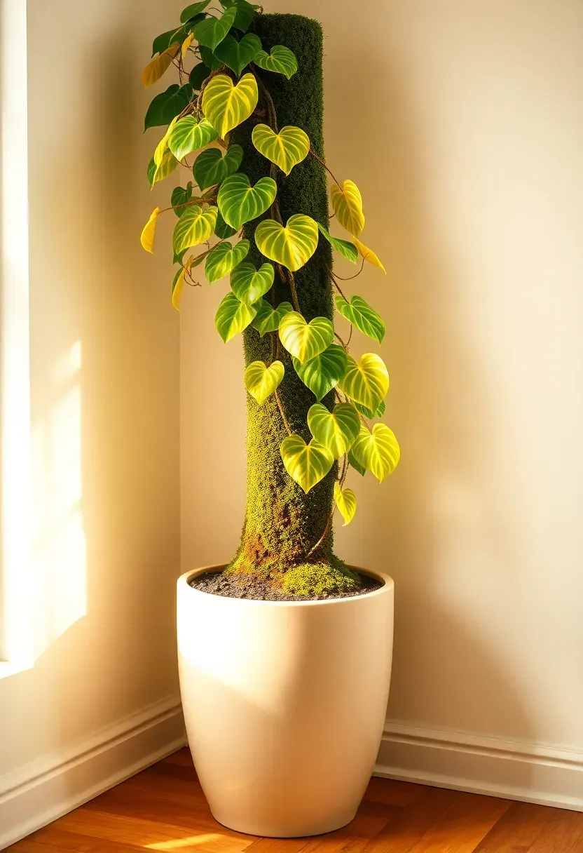 Pothos plant climbing a tall moss pole totem in a large ceramic pot in a bright sunroom corner with heart-shaped leaves at multiple heights