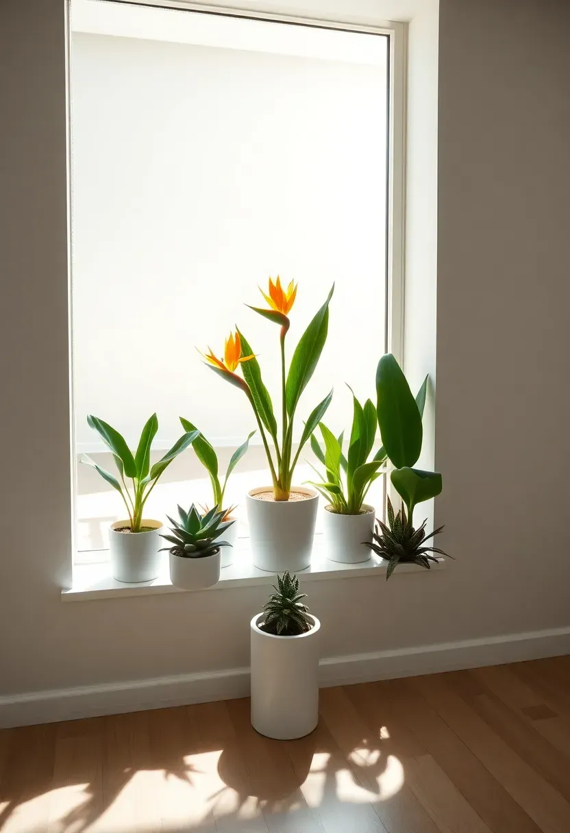 Hyper-realistic view through large living room window with five plants on deep white sill. Center: tall bird of paradise in white pot, flanked by medium snake plants and small succulents. Matching white cylindrical pots. Light streaming through window leaves dappled shadows on floor. Minimal room beyond: empty white walls, light wood floor, no other furniture. Materials: white painted sill, matte white planters, various leaf textures. Bright natural daylight backlighting plants, creating silhouettes. Tranquil mood of indoor garden receiving optimal light.</p>