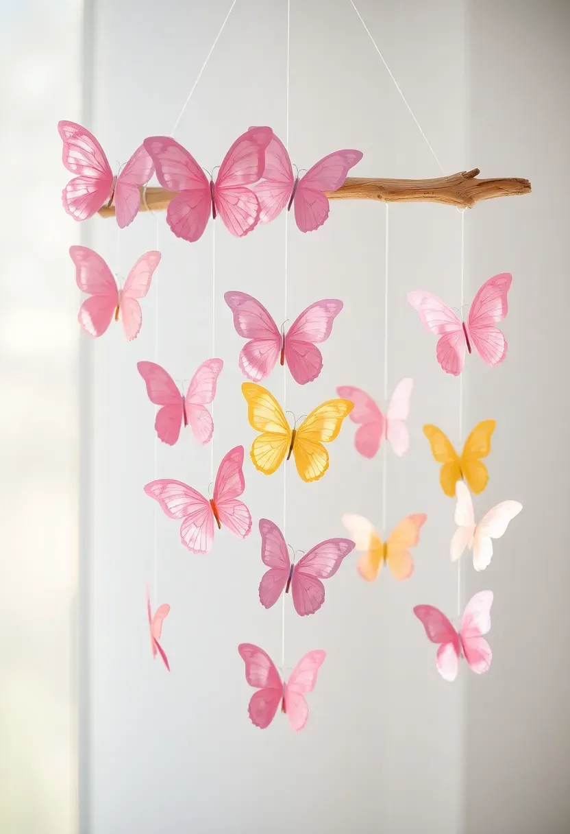 paper butterfly mobile with pastel tissue butterflies hanging at different heights from a driftwood branch