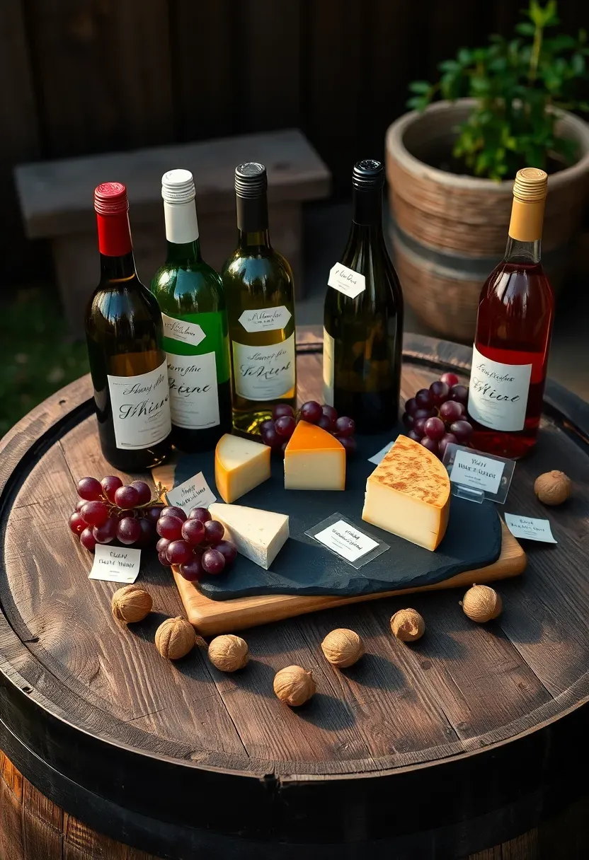 Wine and cheese pairing station at a backyard engagement party with labeled bottles, cheese wedges, tasting cards, and grapes on a rustic wooden barrel table