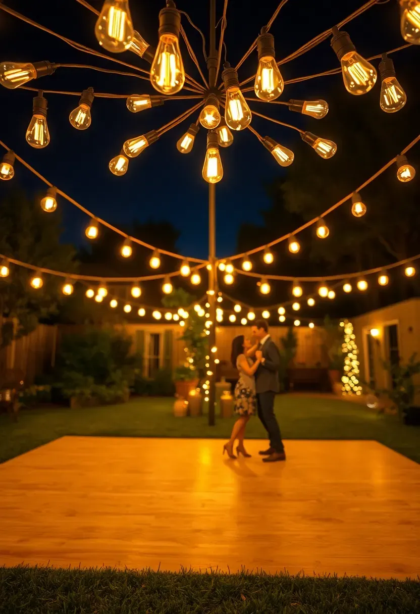 Edison bulb string light canopy crisscrossing over a backyard dance floor area with a wooden platform, couples dancing, and warm golden glow at night