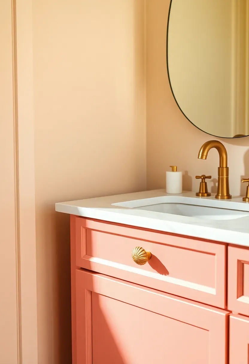 Coral pink bathroom vanity with seashell-shaped drawer pulls and brass fixtures