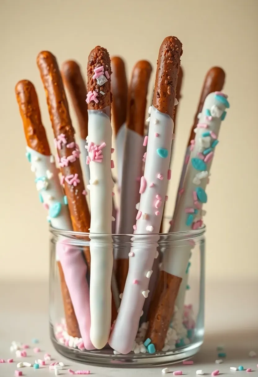 chocolate covered pretzel rods decorated with pastel colored sprinkles and drizzle displayed in a jar at a baby shower dessert table