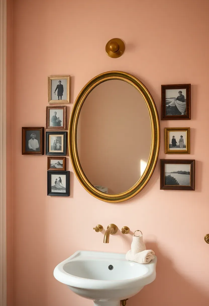 Antique gold framed mirror surrounded by a cluster of small framed photographs in mixed vintage frames on a pale pink bathroom wall
