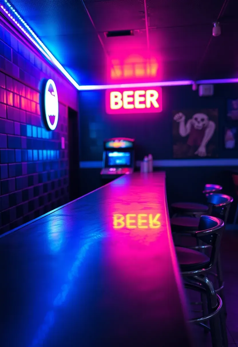neon-lit game room basement bar with arcade machines colorful LED lighting and retro bar stools