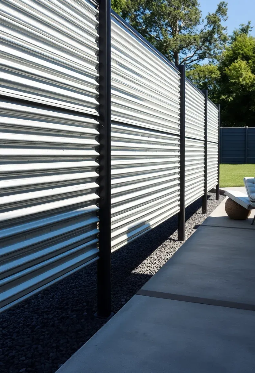 Corrugated metal fence panels mounted on a black steel frame along a modern backyard with concrete patio