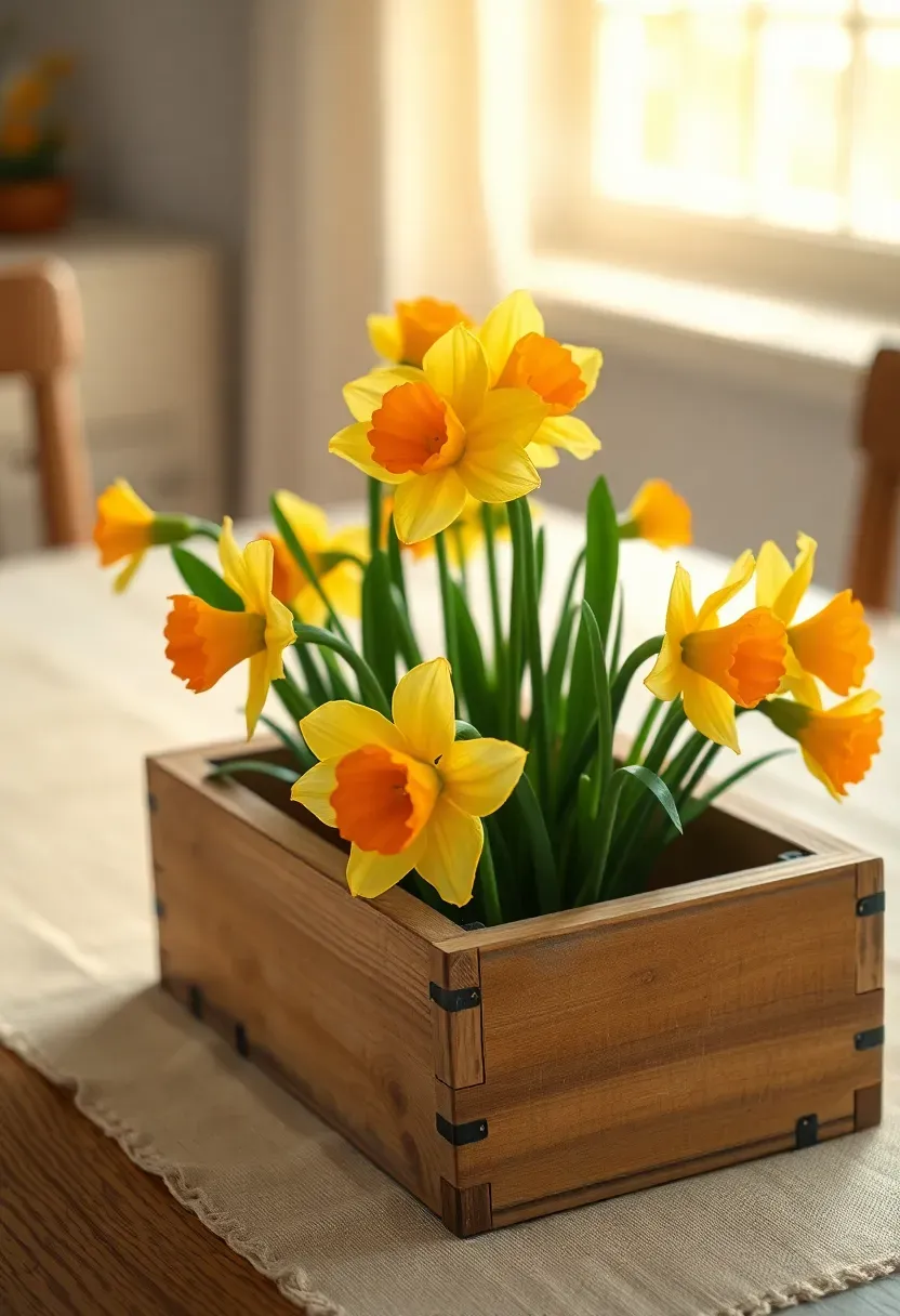 wool felt daffodil flowers in yellow and white arranged in a rustic wooden box centerpiece
