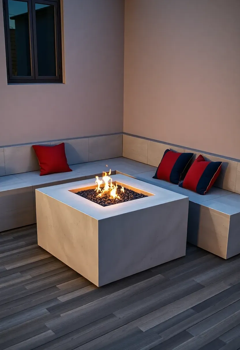 Hyper-realistic 3/4 view of a modern square firepit showing a clean-lined square concrete firebox with gas flames, positioned in a corner with two L-shaped built-in concrete bench seats creating an intimate conversational arrangement, with colorful throw pillows adding comfort. Materials: smooth gray concrete with slight aggregate texture, black fire glass media, fade-resistant outdoor throw pillows in terracotta and navy, composite decking surface, modern home exterior wall visible forming the corner. Dusk lighting with fire glow creating warmth on concrete faces, modern minimalist outdoor living atmosphere. Crisp geometric forms dominate. Shallow depth of field emphasizing firepit foreground with corner seating and architectural context visible beyond. No text, no logos, no watermarks.</p>