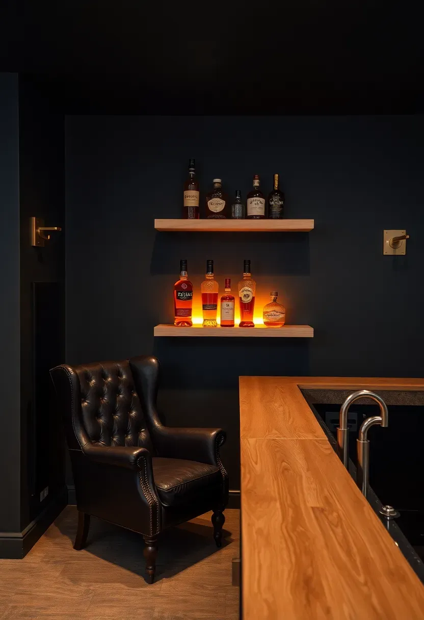 Dark moody whiskey bar in a basement with deep charcoal walls, amber glass display, leather seating, and warm low lighting