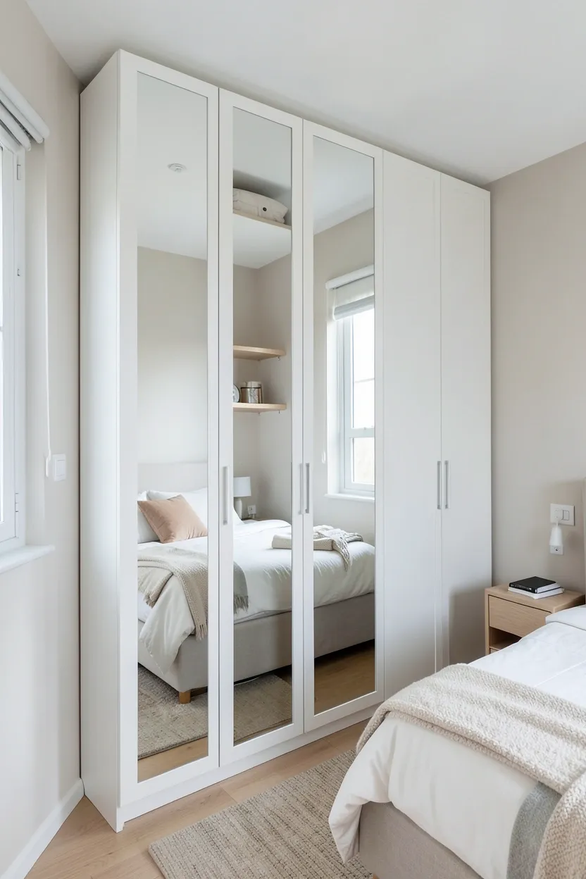 Floor-to-ceiling built-in wardrobe with white doors in a small bedroom, providing full-height storage from floor to ceiling
