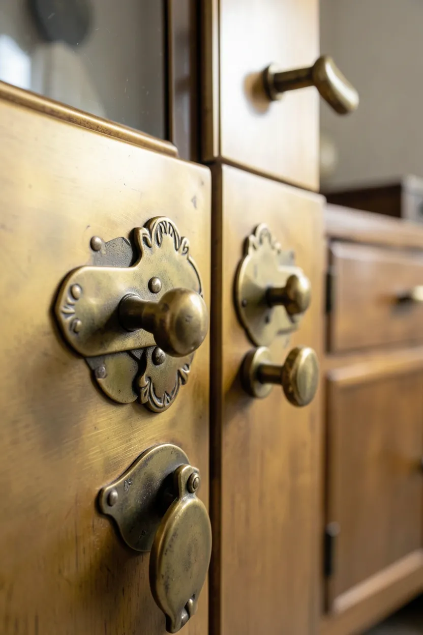 Unlacquered brass bin-pull cabinet hardware on cream shaker cabinets — warm vintage kitchen upgrade for renters