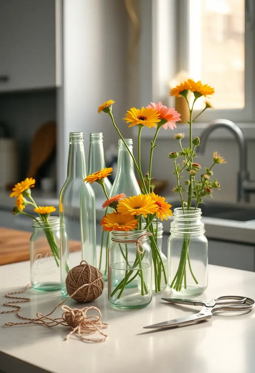 budget flower bar with upcycled glass bottles and jam jars of mixed garden flowers on kitchen counter