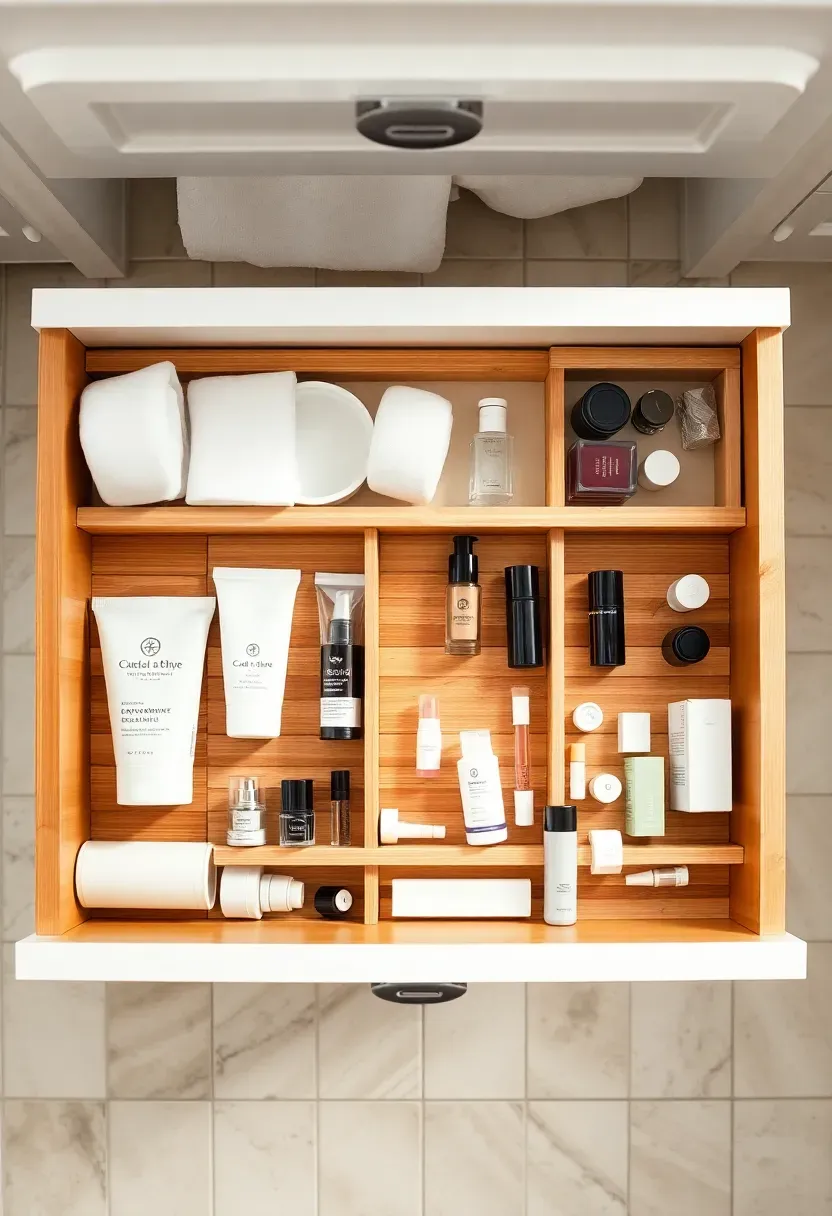 Open bathroom linen drawer with custom wood dividers separating tubes, jars, lipsticks, and small toiletry bottles into compartments