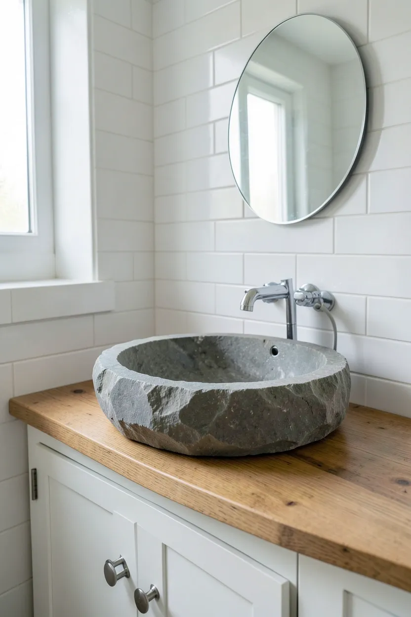 Hyper-realistic eye-level photograph of a modern earthy bathroom featuring natural slate stone vessel sink with cleft texture and subtle gray variations, white vanity cabinet with wood countertop, chrome gooseneck faucet, white subway tile wall, small round mirror. Natural light. Materials: natural slate stone vessel sink, white wood cabinet, wood countertop, chrome fixtures, white ceramic tiles. Authentic stone vessel sink. Natural cleft texture. No text, no logos, no watermarks.</p>