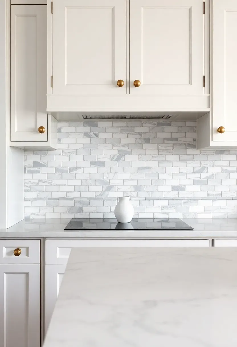 basketweave marble tile backsplash in white Thassos and gray Bardiglio behind a classic white kitchen with brass knobs
