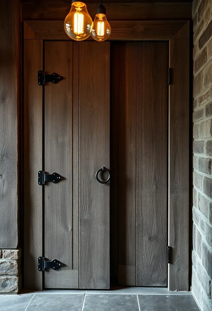 A rustic reclaimed wood plank door with visible grain patterns and black iron strap hinges at a basement entry