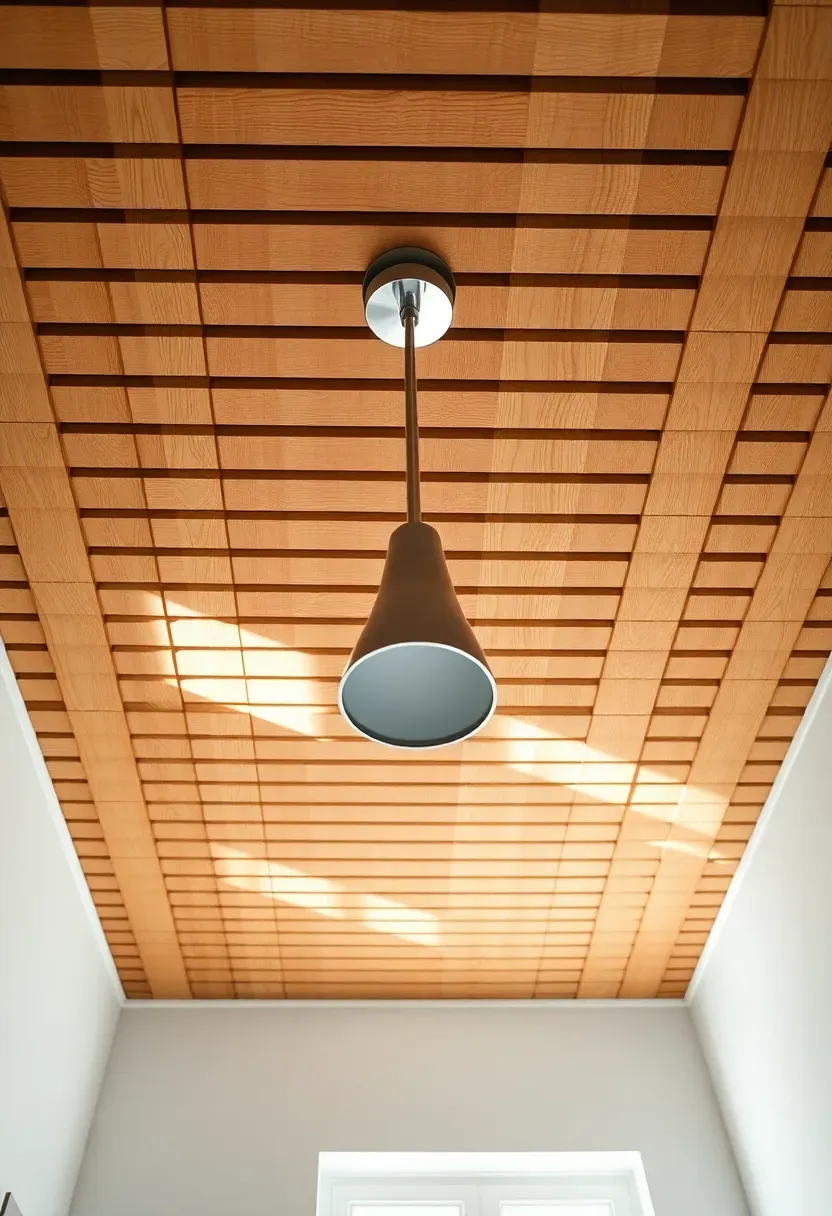 Parallel wood slats on a bathroom ceiling with gaps between each plank creating rhythm and shadow lines