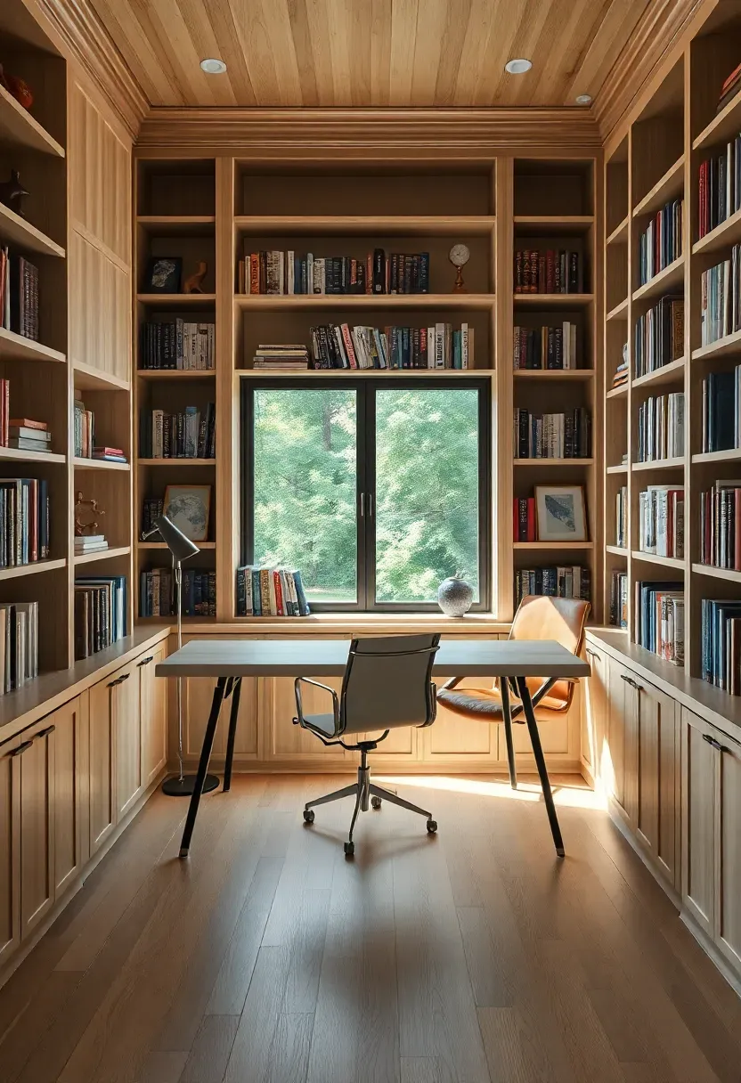 Hyper-realistic 3/4 view of a combined home office and library. Built-in bookshelves on three walls, a sleek white oak desk with modern task chair positioned in front of a window. Books arranged on shelves with some display space for objects, a comfortable leather reading chair in the corner. Materials: white oak, black metal desk legs, leather accent chair. Natural daylight from desk window, ambient lamp light. Professional calm mood like a designer's studio. Sharp details, clean contemporary lines, balanced composition, no clutter.</p>