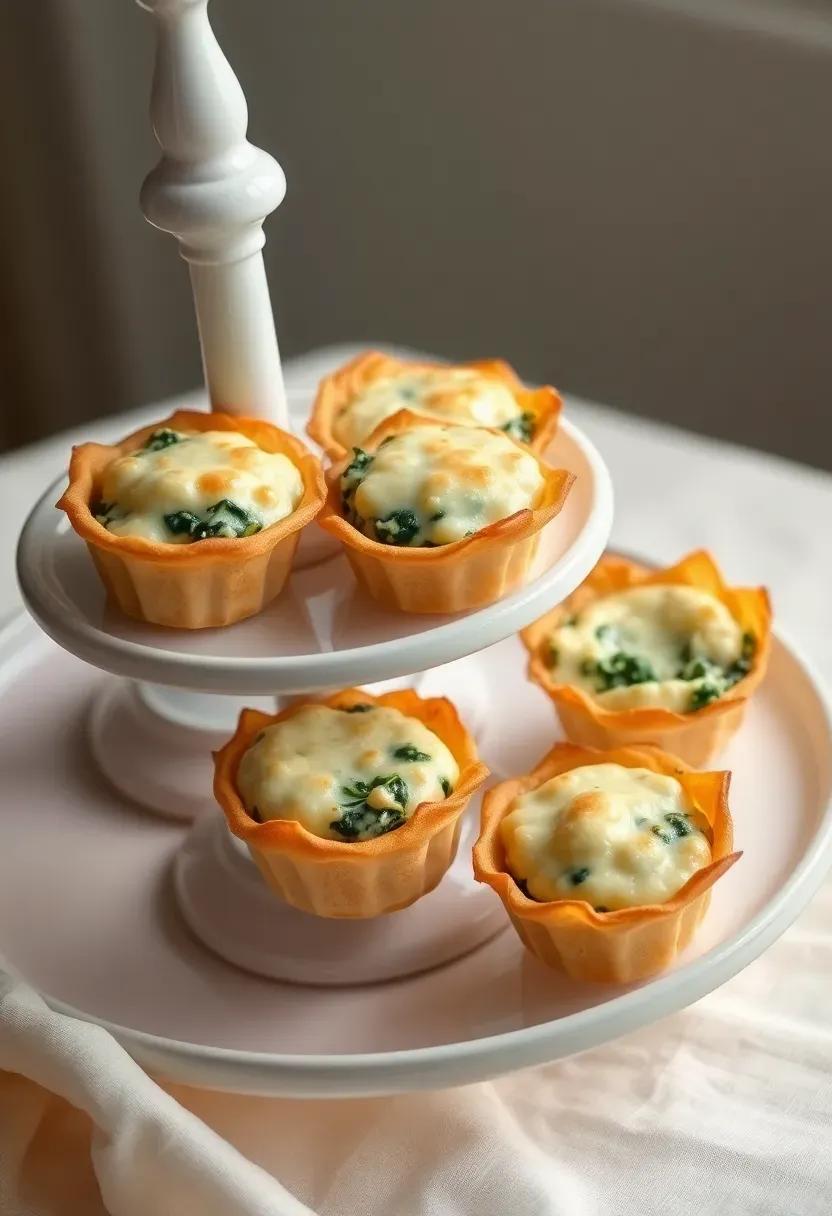 individual spinach artichoke dip cups in phyllo shells with melted cheese on a tiered serving stand at a baby shower