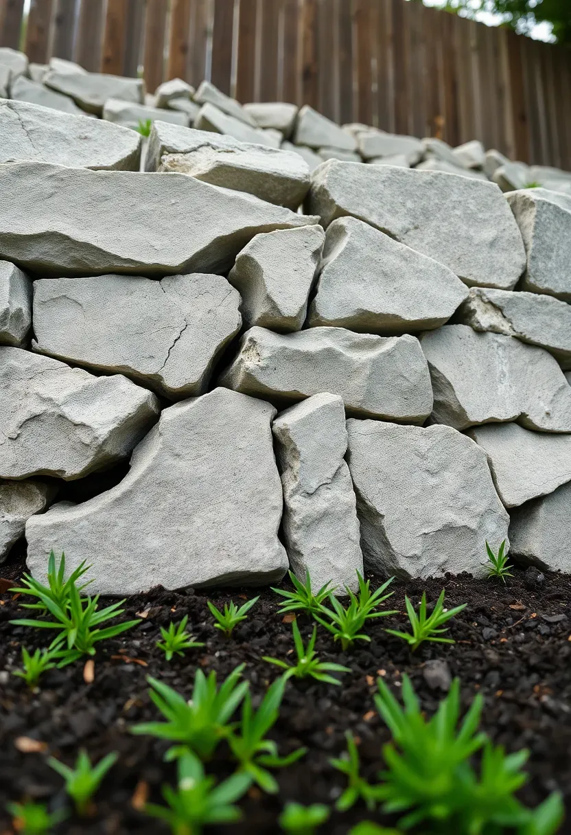 Retaining wall built from recycled broken concrete chunks with irregular edges stacked in a rustic pattern on a backyard slope