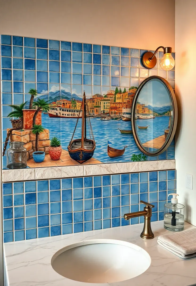 Hand-painted glazed ceramic tile mural depicting a Mediterranean harbor scene installed above a bathroom vanity