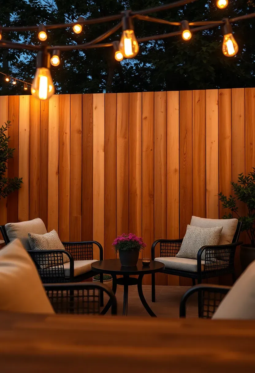 Tall board-on-board cedar privacy fence viewed from a patio with outdoor furniture and string lights overhead