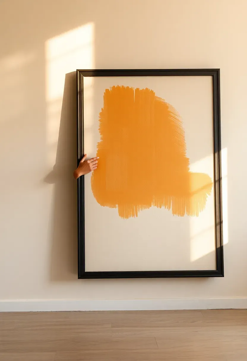 Large framed abstract art print leaning against a wall, with a hand hovering to indicate placement decision, warm studio light