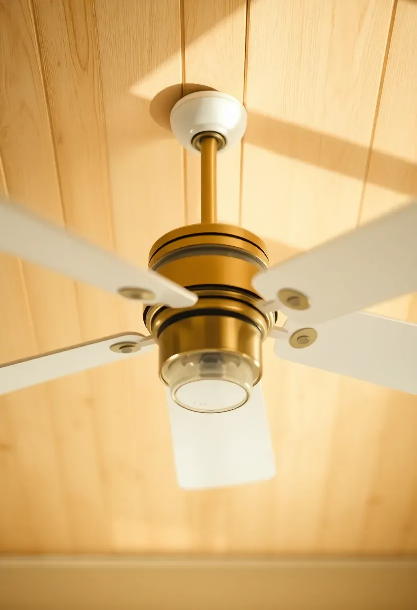 Ceiling fan with reversible motor mounted in sunroom ceiling, winter mode pushing warm air downward, bright airy space