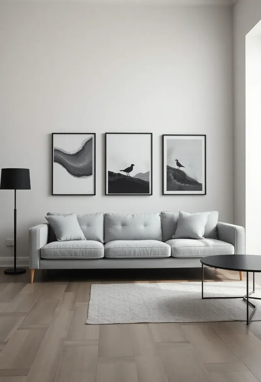 Hyper-realistic 3/4 view of minimalist living room with light gray sofa facing white wall with three framed abstract art pieces in gray and black tones, substantial negative space around artwork, floor lamp with black shade, simple black coffee table. Materials: smooth gray fabric, white walls, black metal frames, black lampshade, matte black table. Soft natural light from side window (5000K), gentle shadows, gallery-like atmosphere. Artistic minimalist mood, shallow depth of field, sharp details on sofa and artwork, intentional negative space, no clutter, no text, no watermarks.</p>