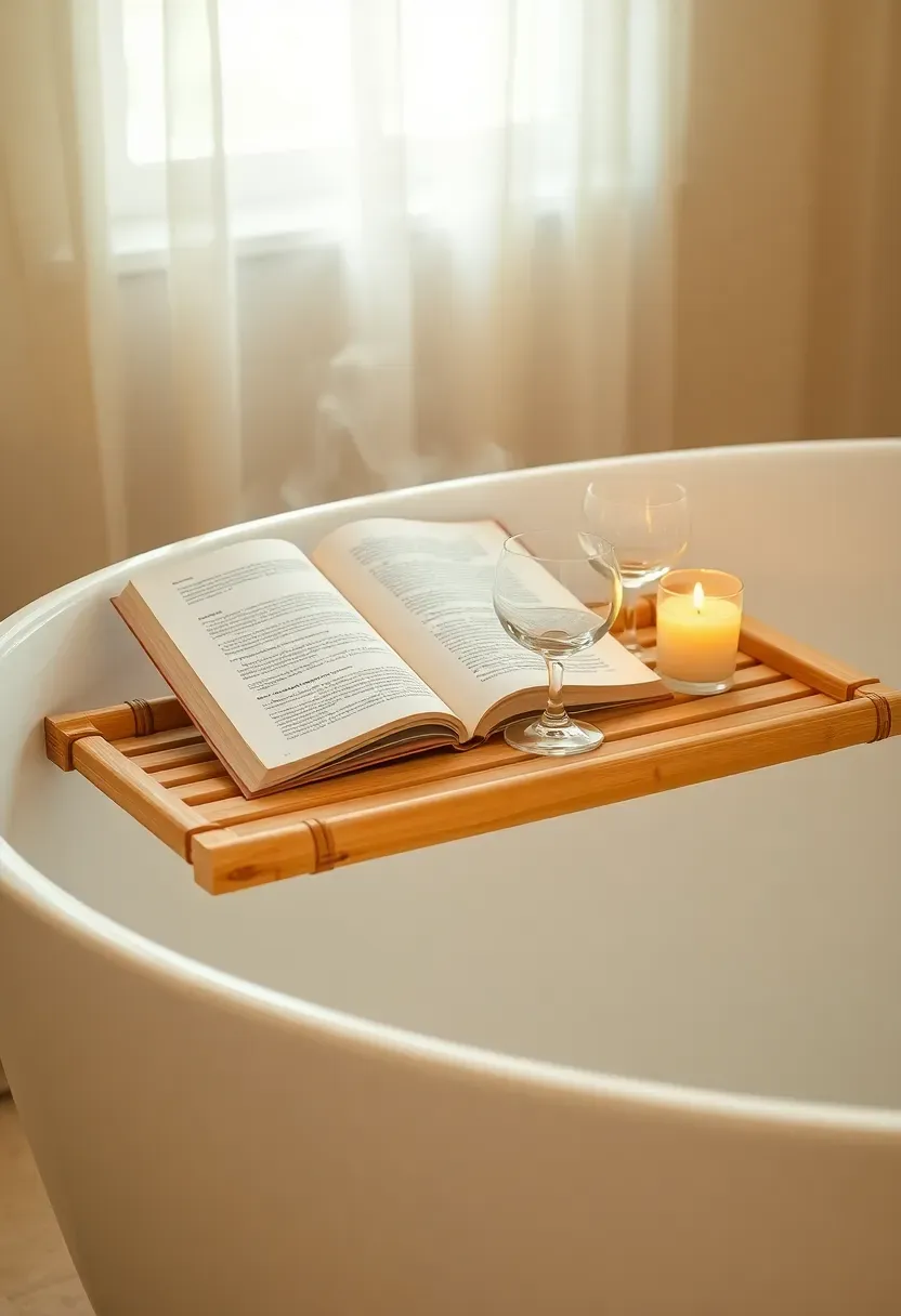 bamboo bath caddy across white tub with book wine glass and candle