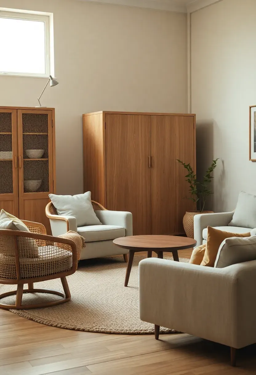 Cane cabinet lounge with a muted palette