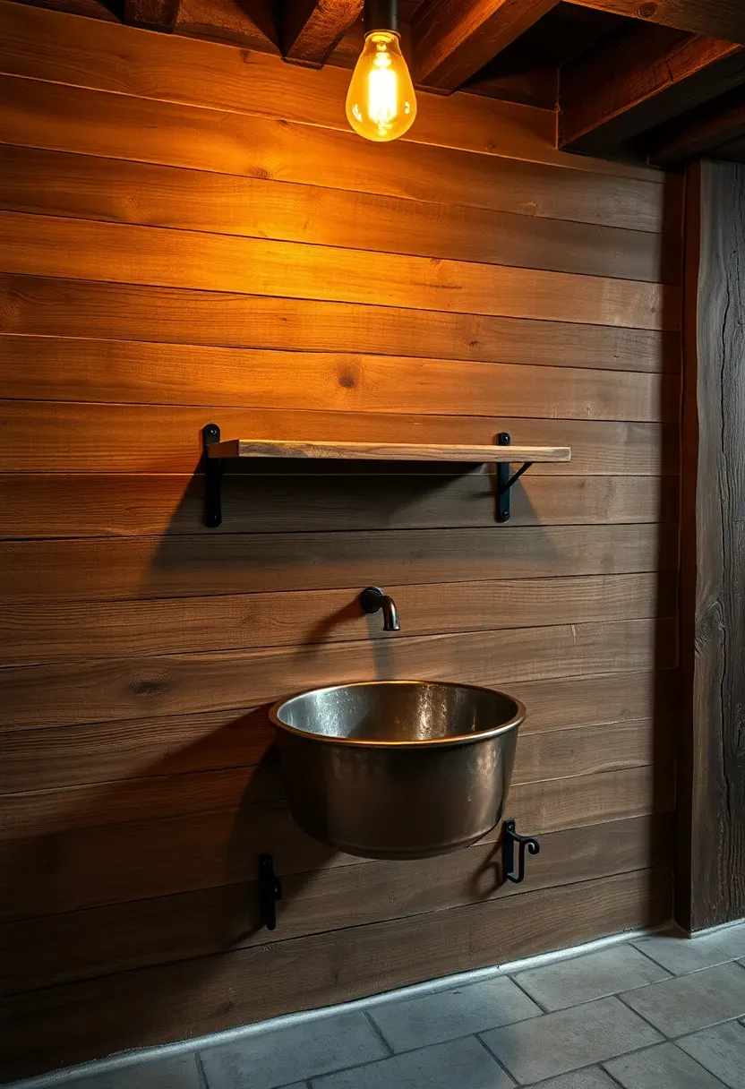rustic basement wet bar built from reclaimed barn wood planks with a copper bar sink and iron hardware