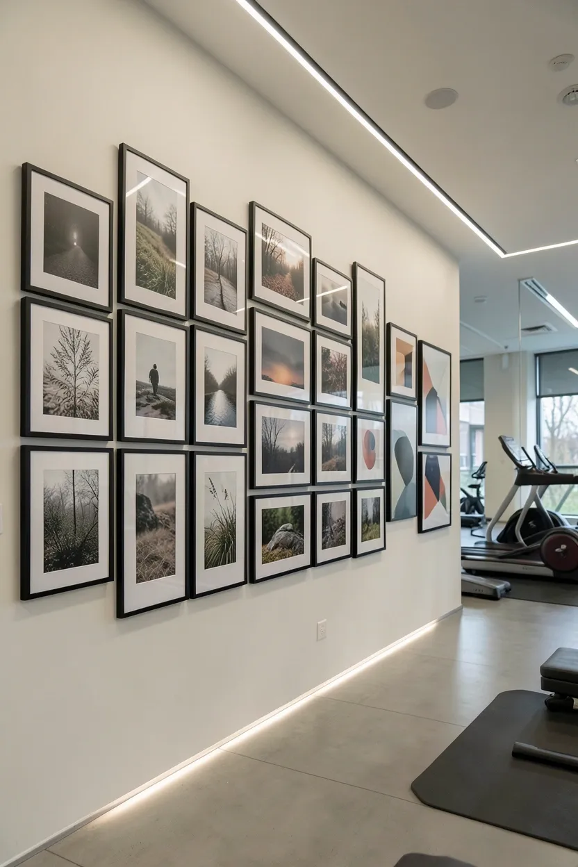 Grid of thin black-framed nature photography prints on a white minimalist gym wall — curated inspirational art gallery facing cardio equipment for motivation