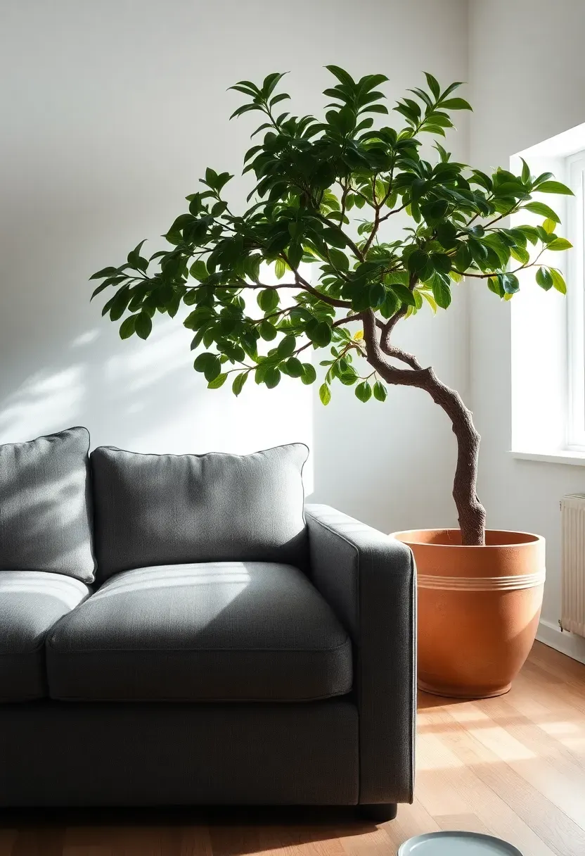 Hyper-realistic shot of minimalist living room with medium gray sofa, large indoor tree beside it in substantial pot, tree features architectural branching and glossy green leaves, natural light filtering through foliage creating dappled shadows. Materials: gray upholstery fabric, white walls, light oak floor, terracotta or ceramic pot. Bright diffused natural light from window near plant, biophilic minimalist mood. Sharp details on sofa texture and plant leaves, shallow depth of field, composition showing relationship between geometric sofa and organic plant form, no text, no logos, no watermarks.</p>