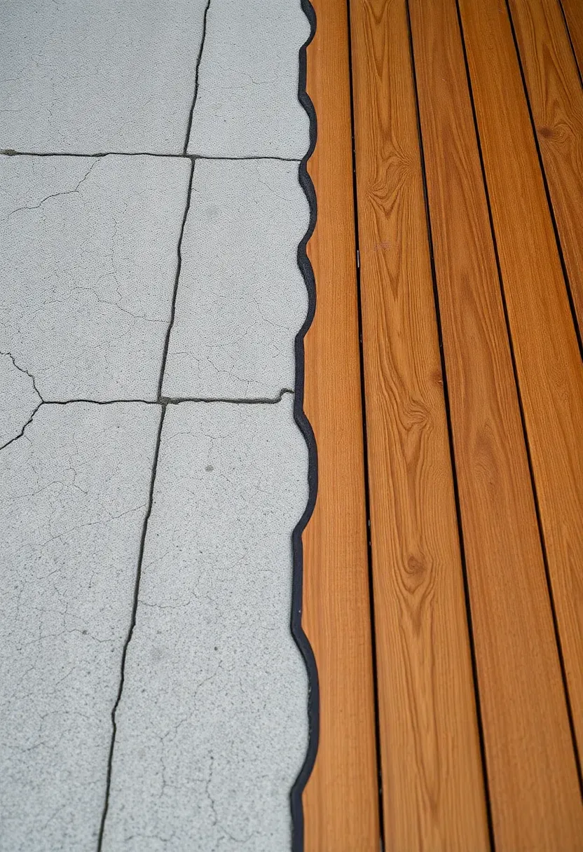 Composite deck tiles installed over an existing cracked concrete patio slab, showing the snap-together grid pattern with a clean finished wood-tone surface