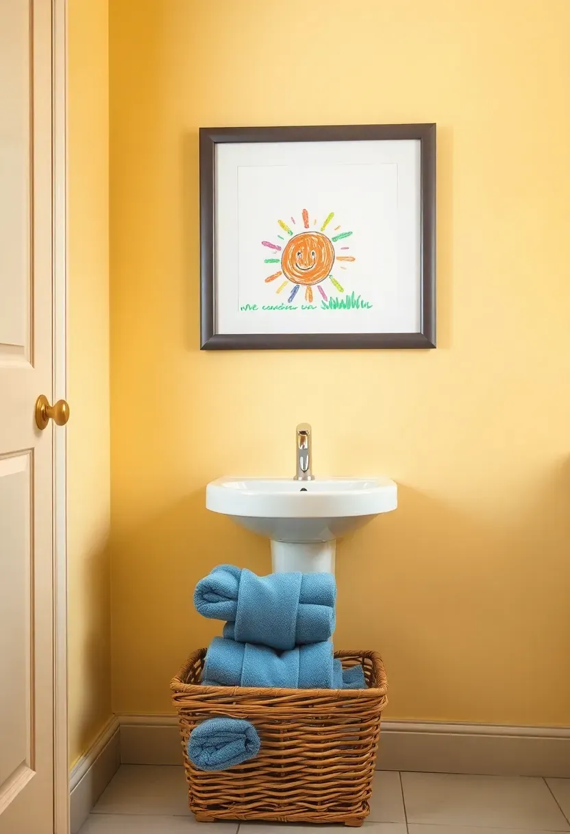 Magnetic frame holding a child's bright crayon drawing on a pale yellow bathroom wall above a wicker storage basket and folded blue towel