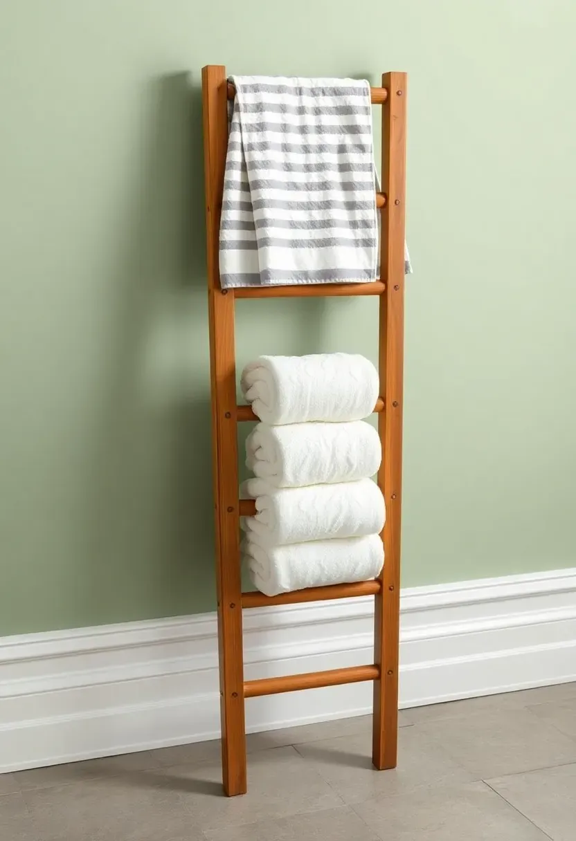 Wooden leaning towel ladder against a bathroom wall with three rolled bath towels and a hand towel draped on each rung