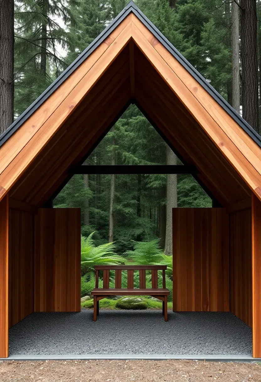 A dramatic A-frame gazebo with steep pitched cedar walls meeting at a ridge beam, open at both ends, set in a wooded backyard with ferns and moss