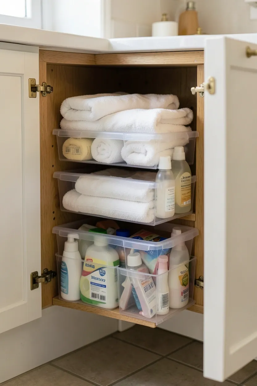 Organized under-sink cabinet with stackable clear bins and tension rod for spray bottles in a small UK bathroom