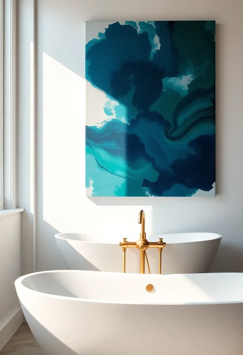 Single oversized abstract art print in deep blues and greens filling most of a white bathroom wall behind a freestanding tub