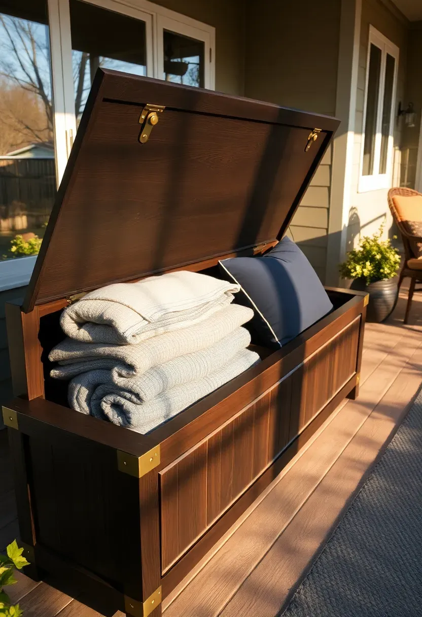 Long weatherproof storage bench with dark wood finish and brass hardware on a backyard porch, lid partially open showing stacked blankets inside