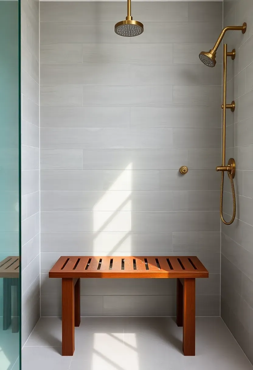 Teak shower bench with slatted top placed inside a tiled walk-in shower beside a hand-held showerhead